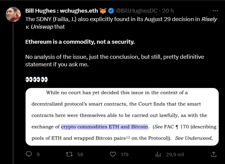 Saiba mais sobre a decisão judicial favorável à Uniswap que reconheceu o valor do Ether como uma commodity e não como um título.